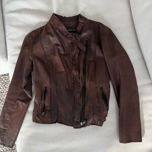 Andrew Marc Brown Leather Motorcycle Jacket with Asymmetrical Zipper
